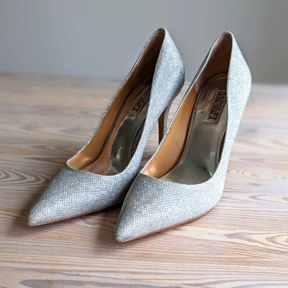 Badgley Mischka Silver Sparkle Pointed Toe Pumps